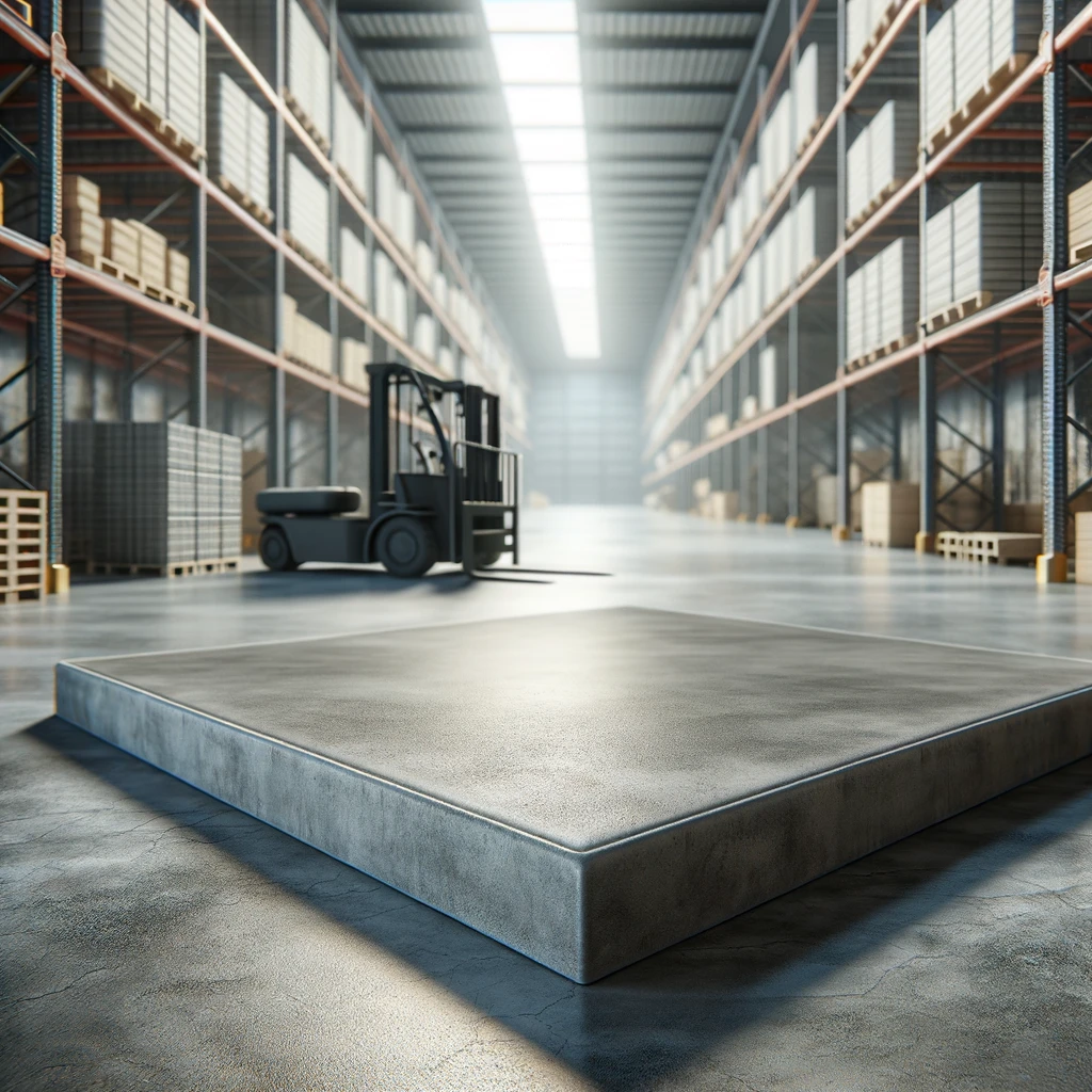 A realistic depiction of a low carbon concrete floor, showcasing its smooth, durable surface with a slightly textured finish.